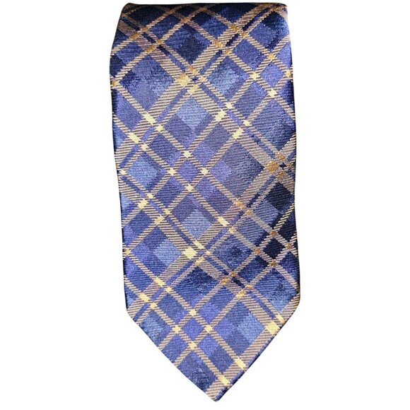 Brooks Brothers Mens Silk‎ Tie Blue & Gold Plaid Pattern - Picture 1 of 3